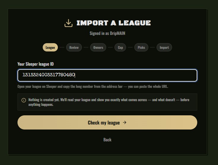 Import a league screen asking for a Sleeper league ID