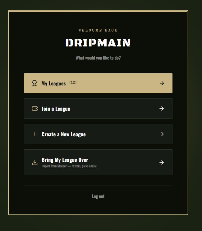 Dynasty War Room home screen with the Bring My League Over option