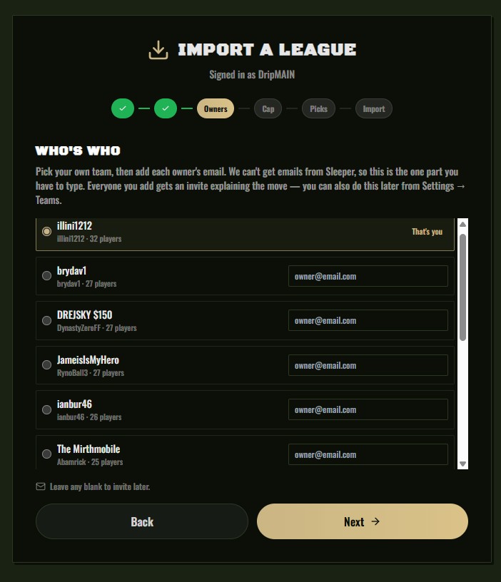 Owner assignment screen matching Sleeper teams to email addresses